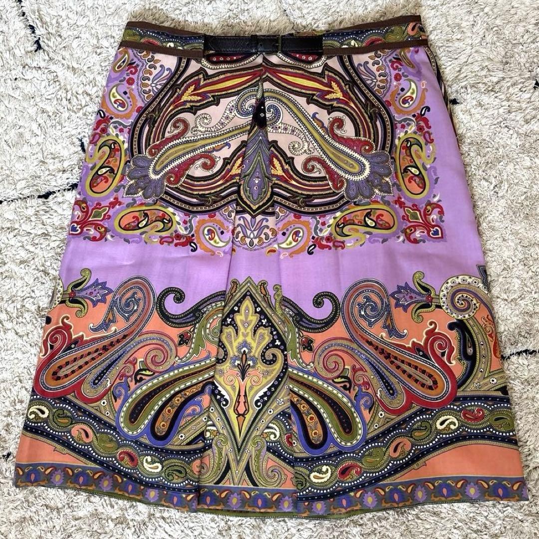 【極美品✨】エトロ　スカート　大きいサイズ　46 ペイズリー　牛革　レザー