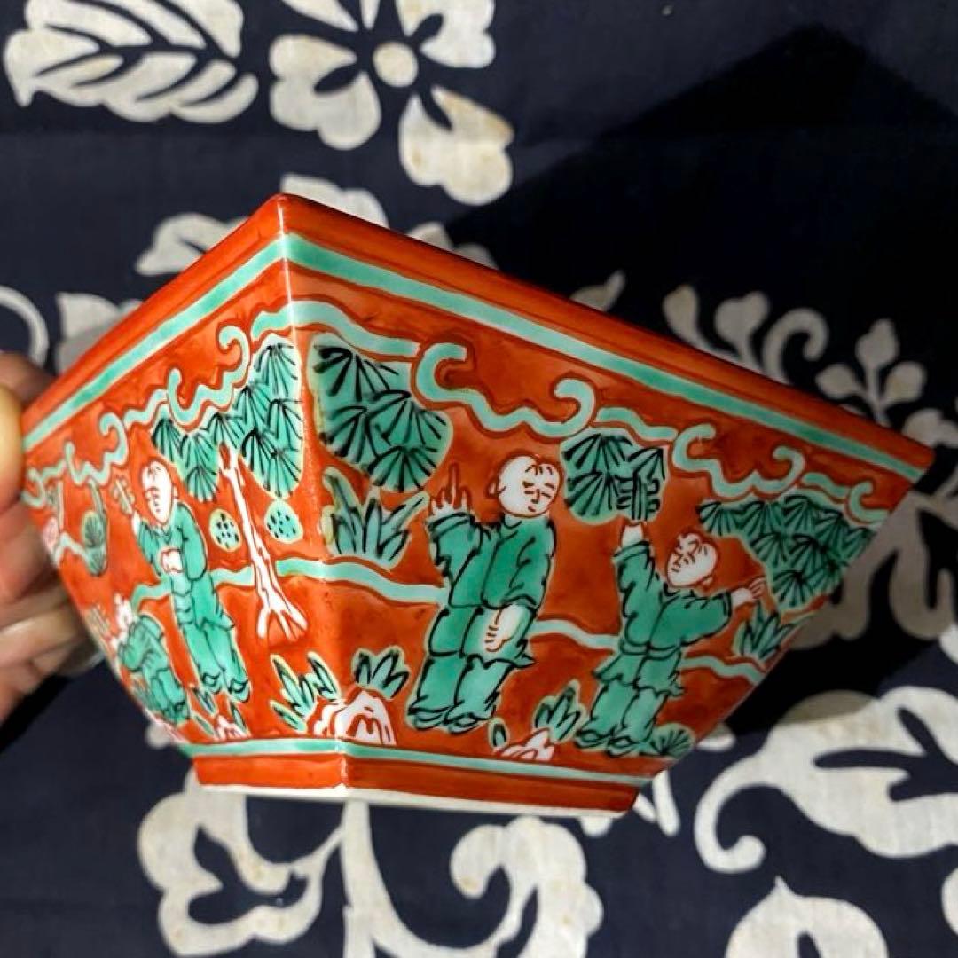 京焼　叶松谷　嘉靖意赤絵唐子画　向付　中国古玩大明嘉靖年製写し　二客組　清水焼