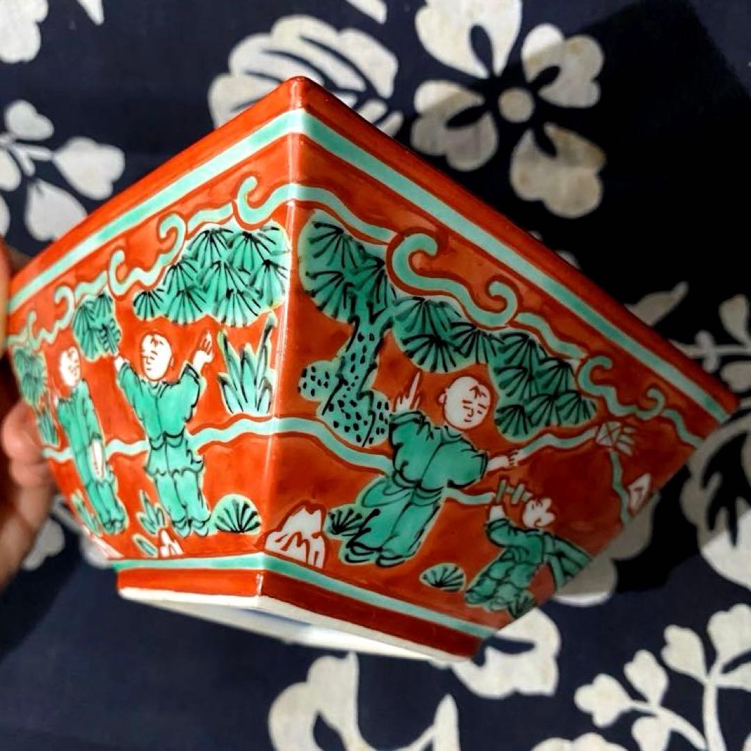 京焼　叶松谷　嘉靖意赤絵唐子画　向付　中国古玩大明嘉靖年製写し　二客組　清水焼