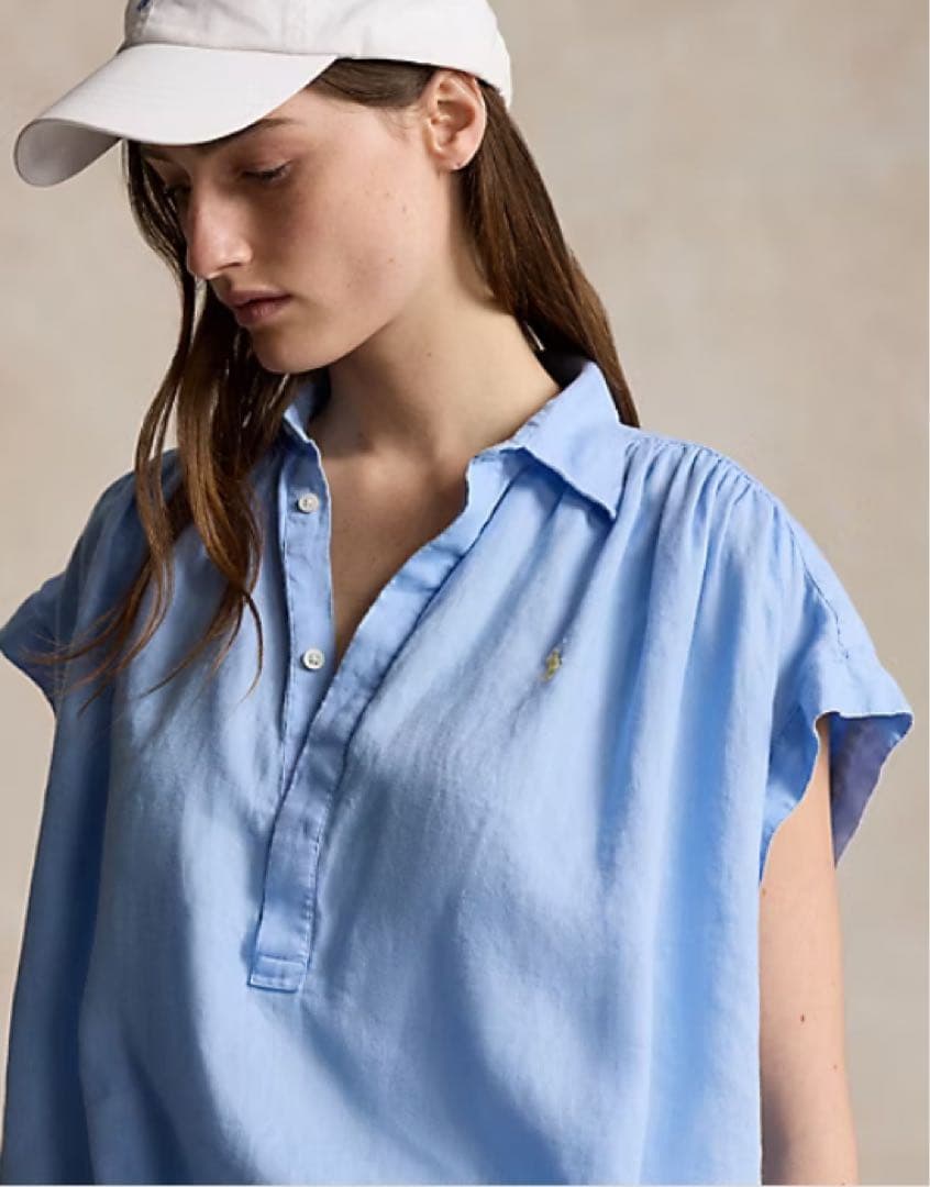 美品 ポロラルフローレン リネン ポップオーバー シャツ フレンチスリーブ S