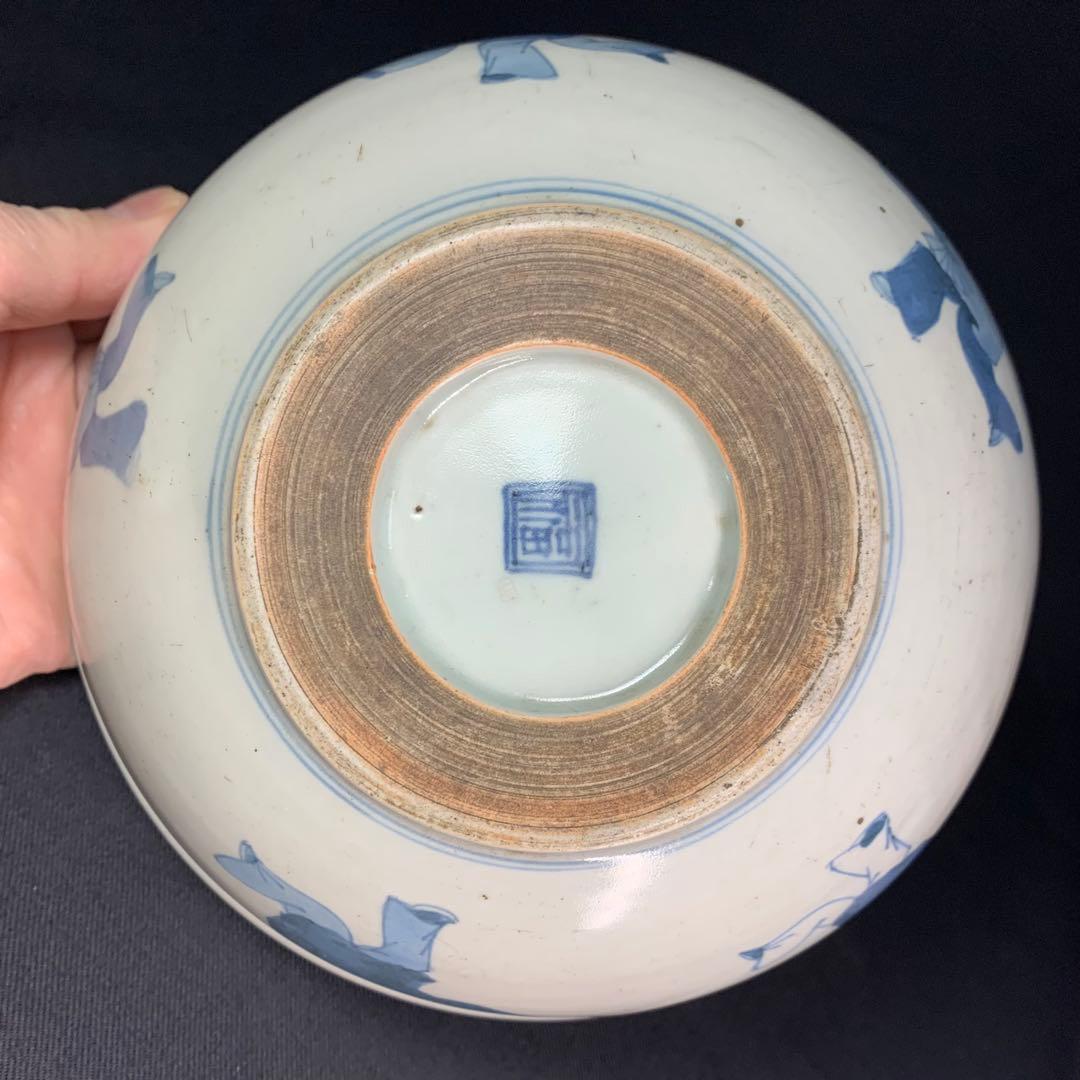 K684⭐︎湖東焼 染付 見込みは五弁花 唐子文 二重角福 献上手 鉢