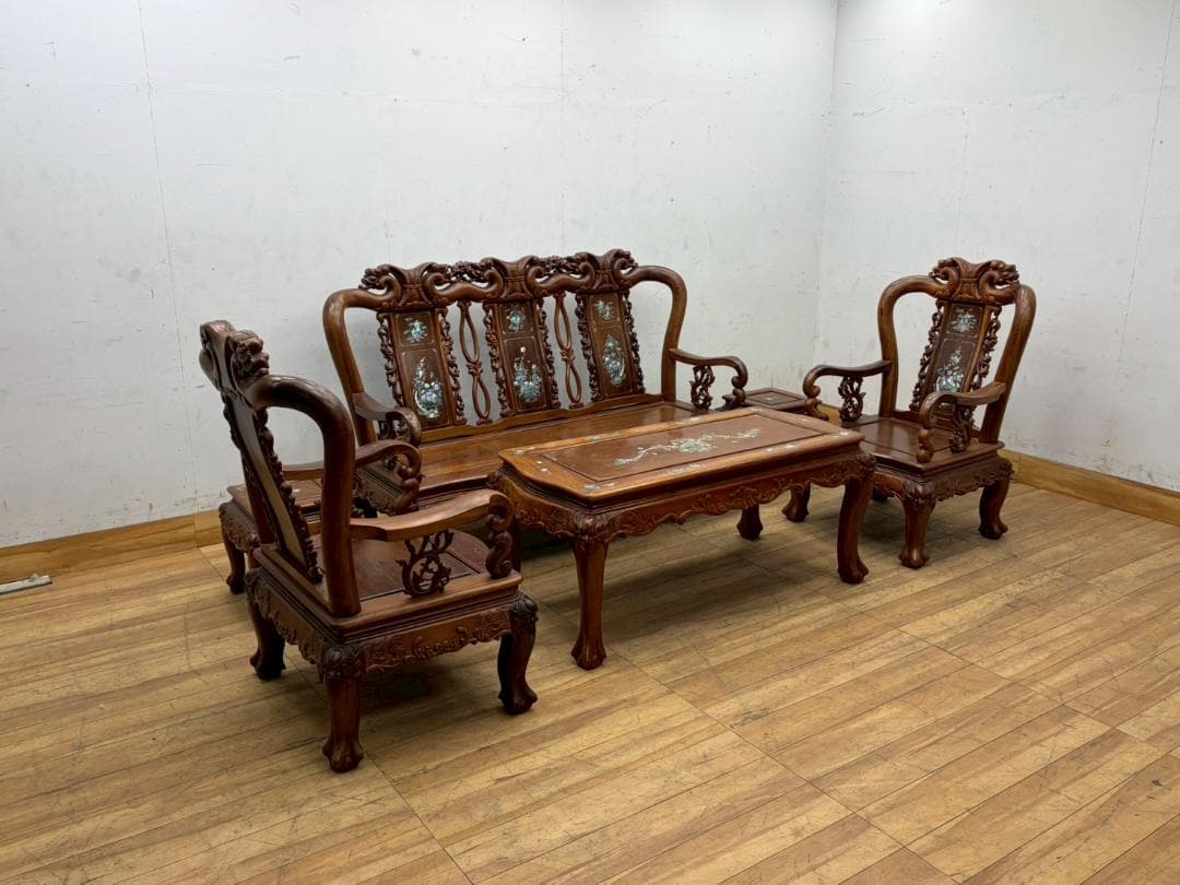 T7990☆美品☆花梨無垢材☆螺鈿細工☆応接6点セット☆唐木家具☆彫刻☆中国☆