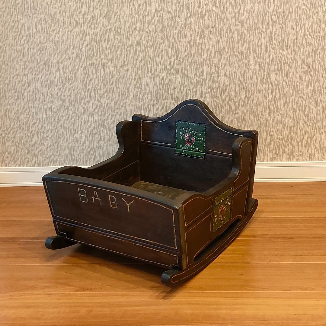 アンティーク　ロッキング　花台　ドールベッド　木製