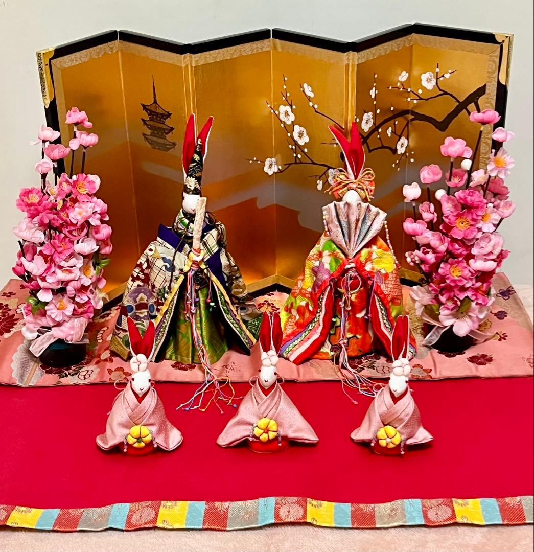 うさぎ雛人形飾り☆ひな祭り☆セット☆三人官女☆古着物再利用☆手作り☆保管品