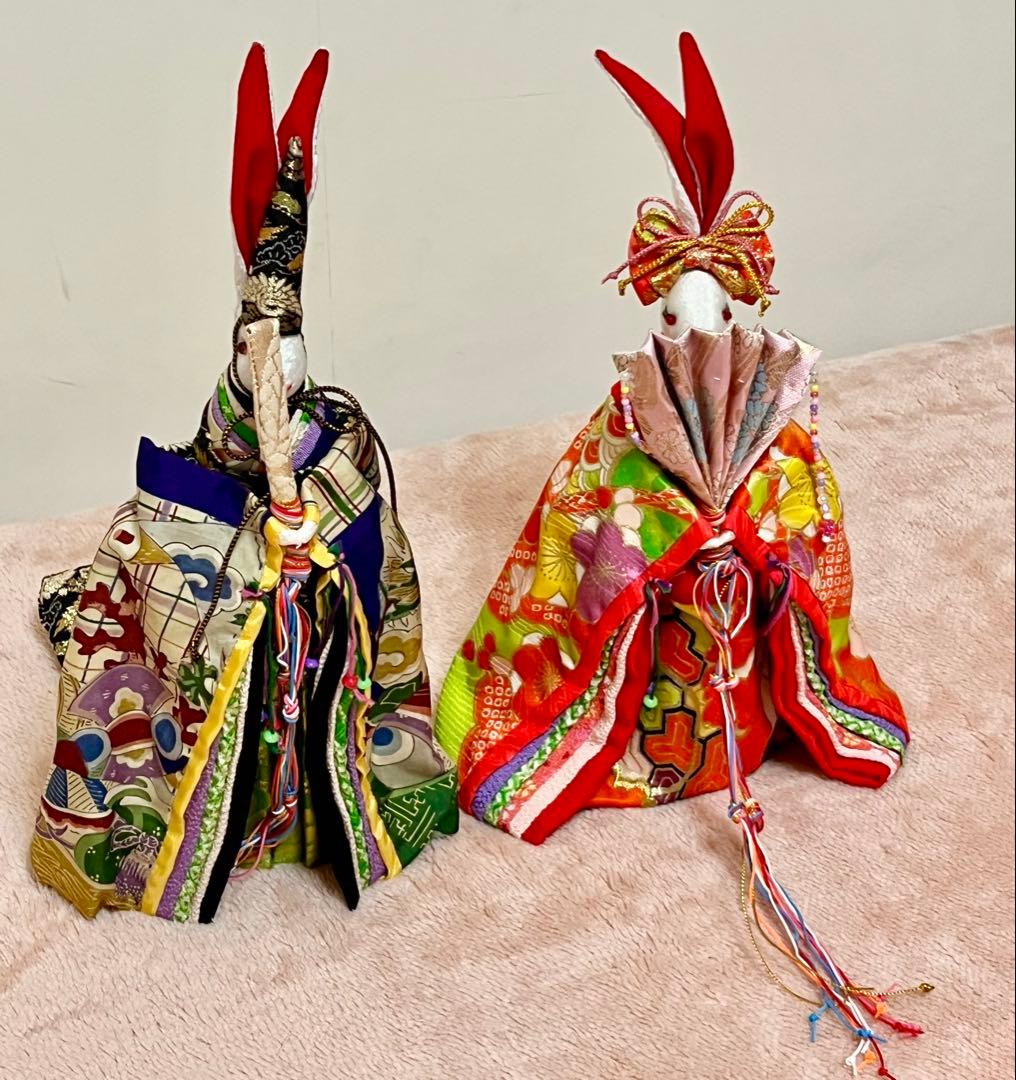 うさぎ雛人形飾り☆ひな祭り☆セット☆三人官女☆古着物再利用☆手作り☆保管品