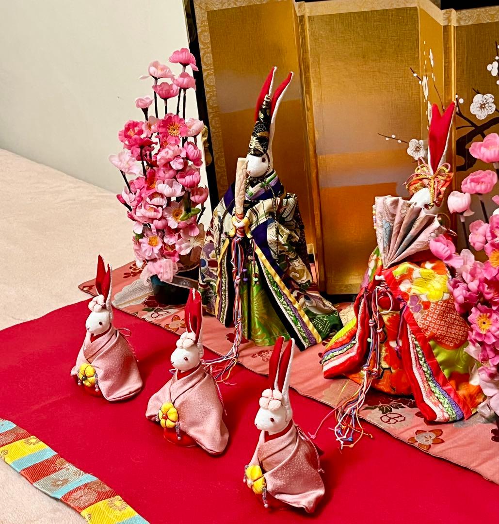 うさぎ雛人形飾り☆ひな祭り☆セット☆三人官女☆古着物再利用☆手作り☆保管品