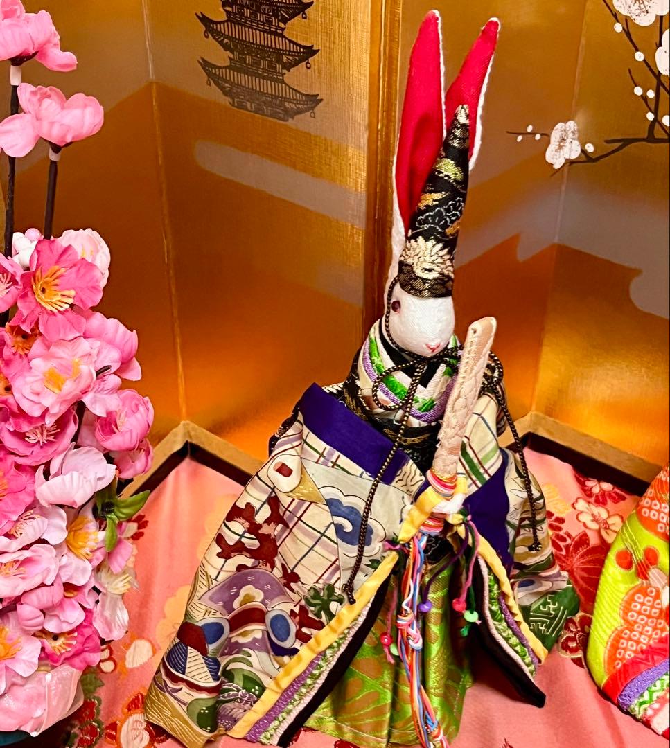 うさぎ雛人形飾り☆ひな祭り☆セット☆三人官女☆古着物再利用☆手作り☆保管品