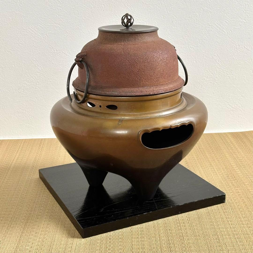 唐銅【朝鮮風炉釜 茶釜】釜環 銅蓋 電熱器付 茶道具