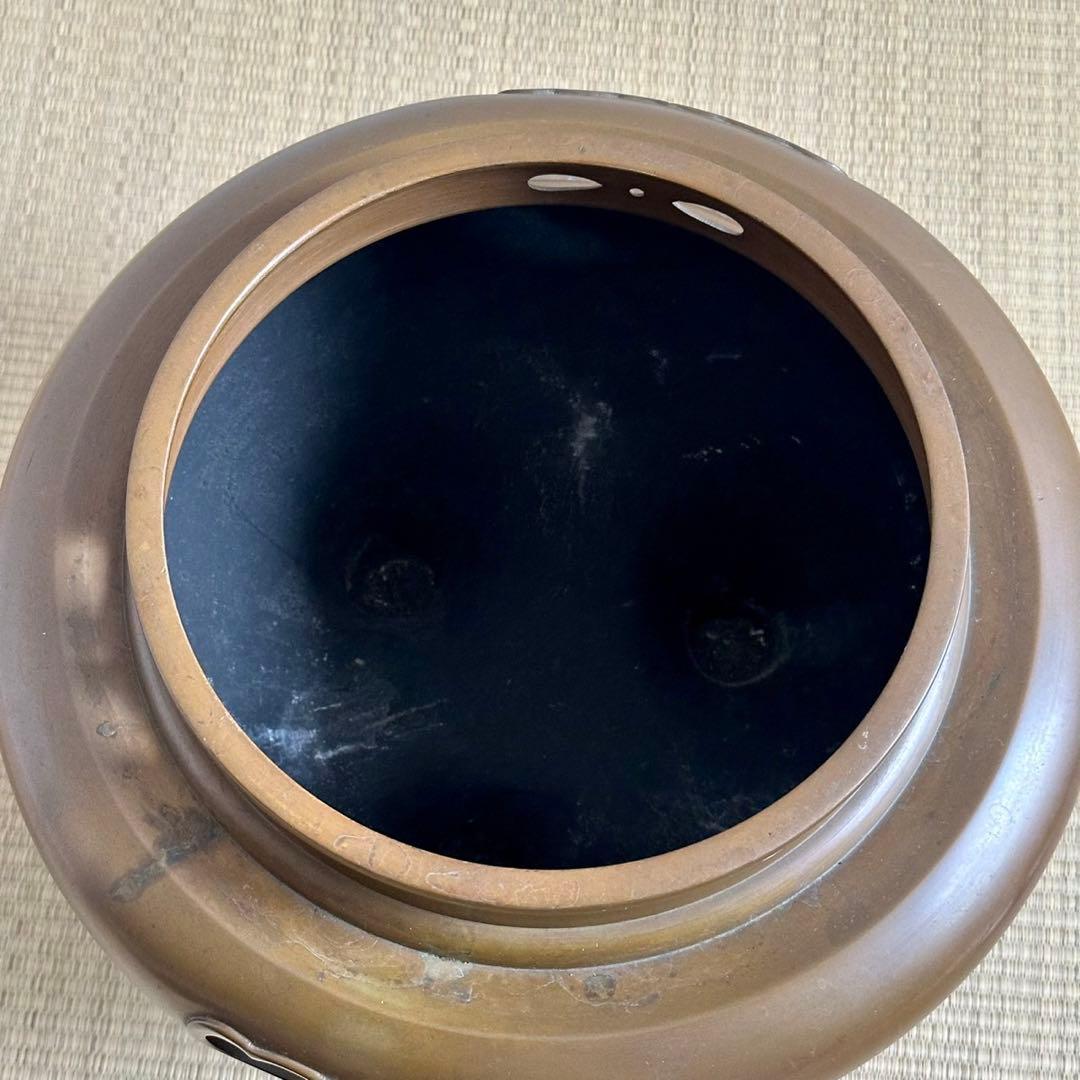 唐銅【朝鮮風炉釜 茶釜】釜環 銅蓋 電熱器付 茶道具