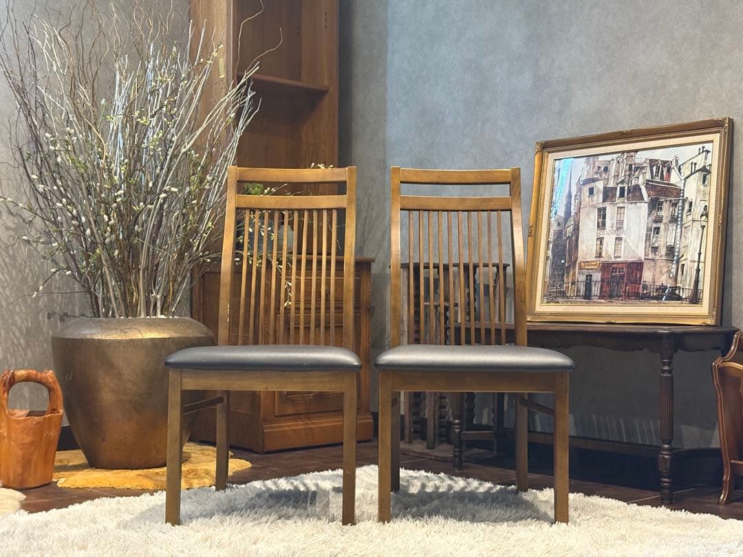 IDC 大塚家具 ダイニング リビングチェア ブラックレザー ビンテージ H