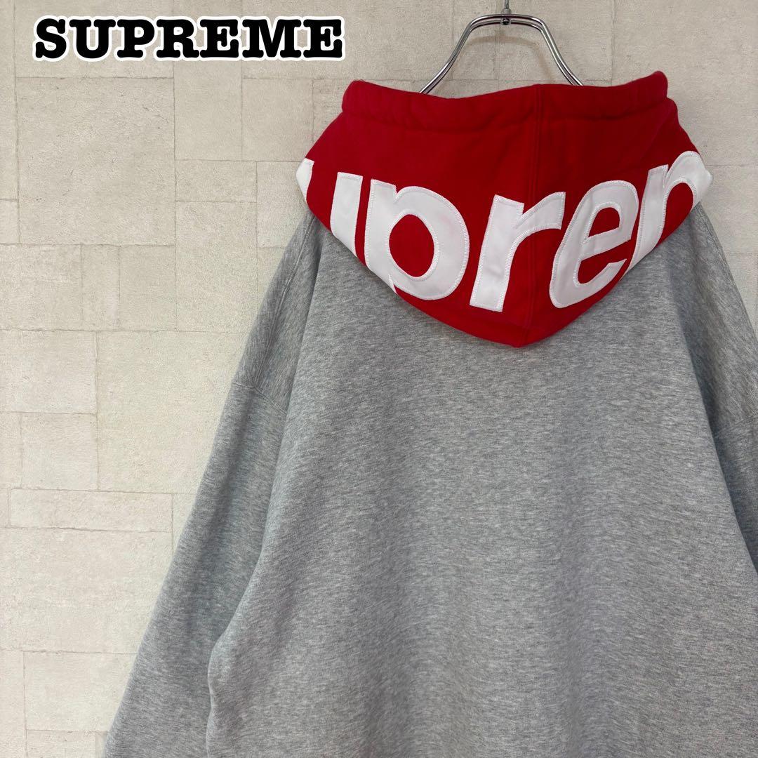 【希少XLサイズ】シュプリーム☆フードロゴ グレー＆ レッド パーカー　896