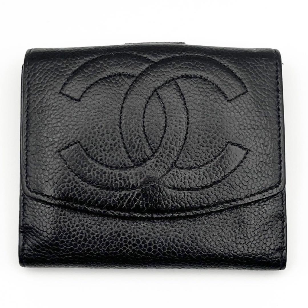 CHANEL シャネル Wホック 二つ折り財布 キャビアスキン ココマーク