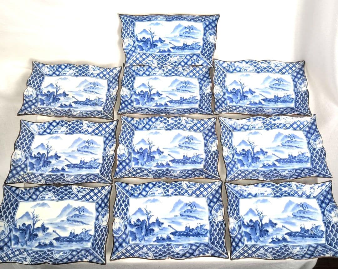 有田焼　長平皿 染付山水図柄　10枚セット