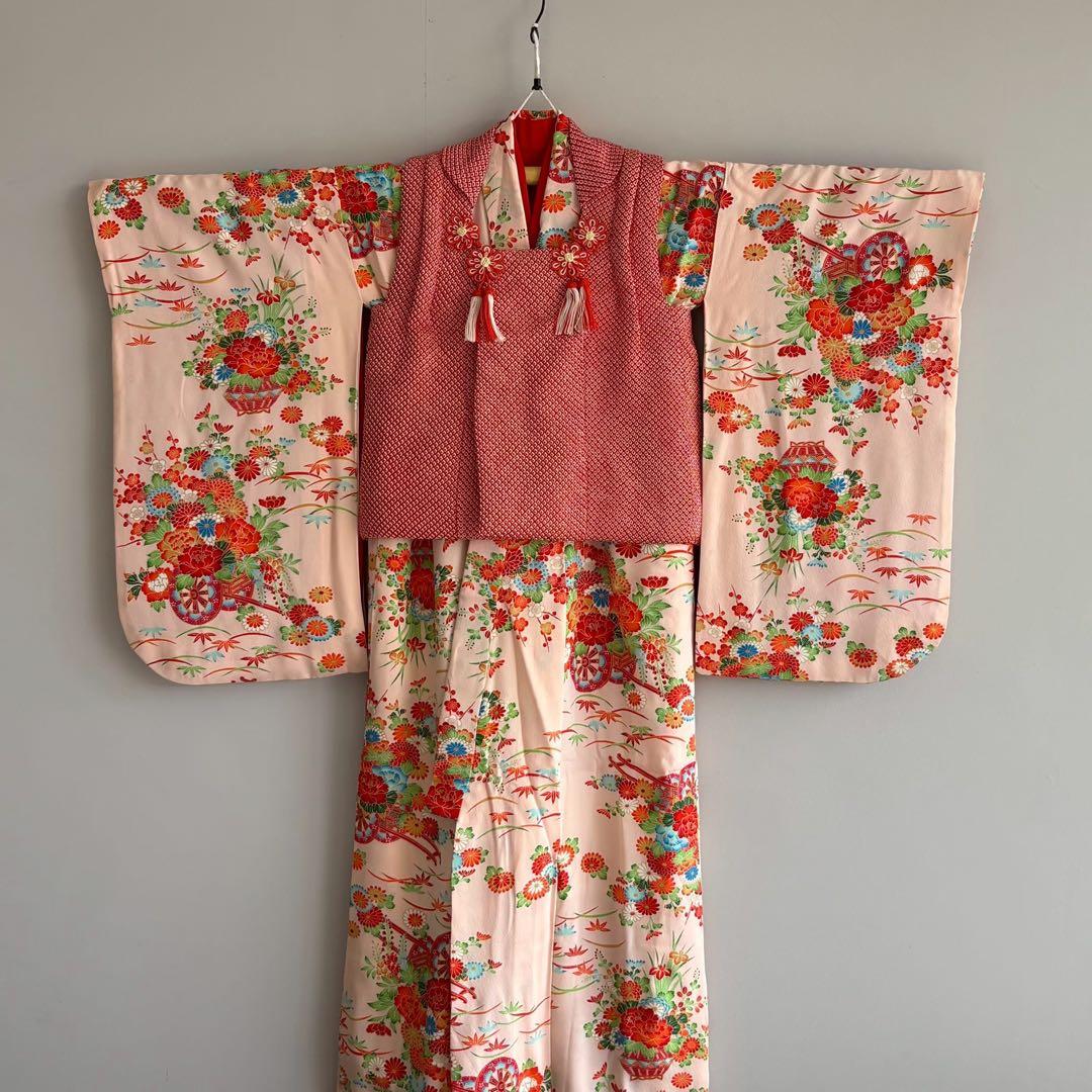 アンティーク　フルセット　七五三　３歳女の子　ピンク　絞り被布　小物　7050