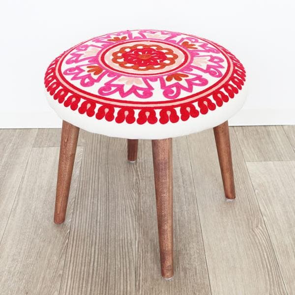 木脚スツール 刺繍 ピンク赤