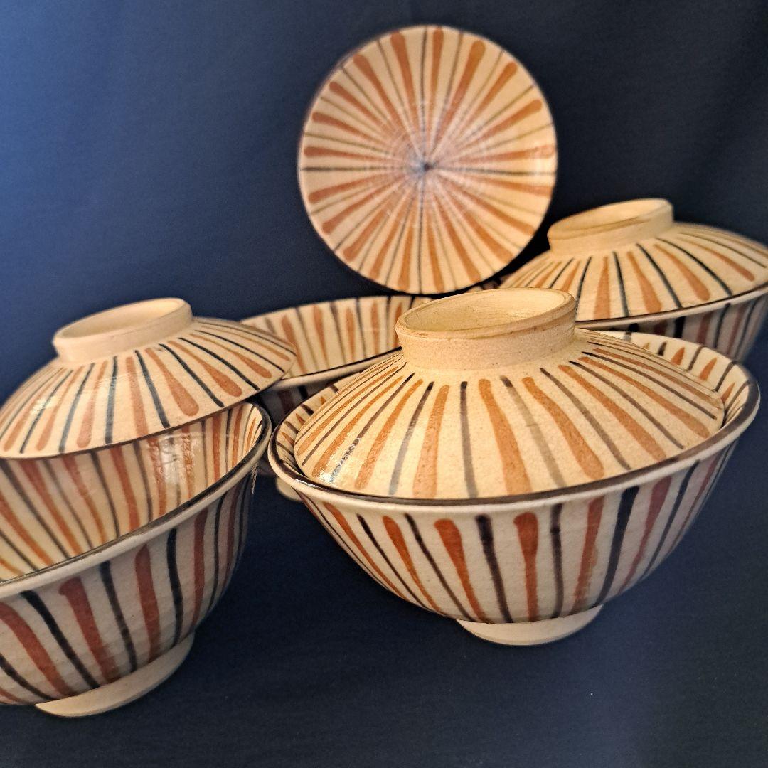 「麦わら手(で)を愉しむ！」瀬戸焼き蓋茶碗(直径11.5cm) 4客セット 骨董