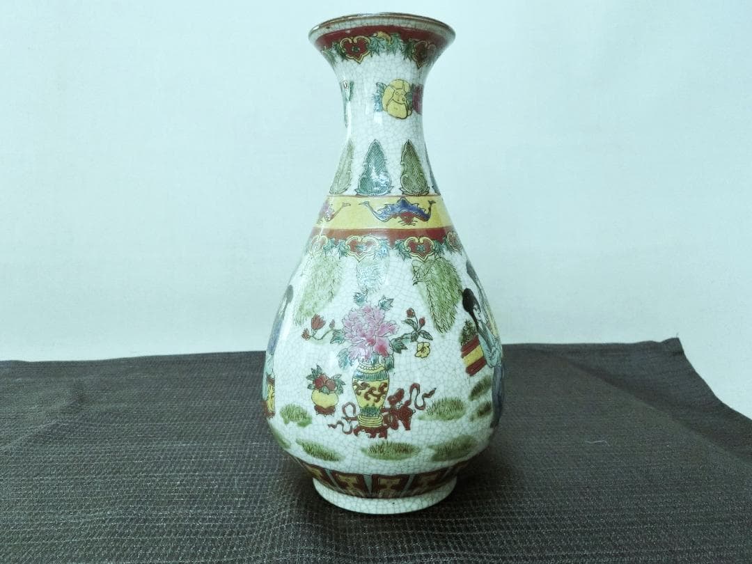 彩キレイ！【美人画色絵花瓶　描きこみ全体花器　在銘　 中国・GB】★鑑賞陶磁器