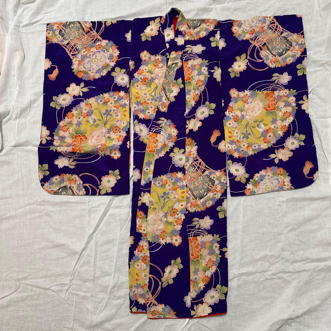 アンティーク/紫/花柄 着物