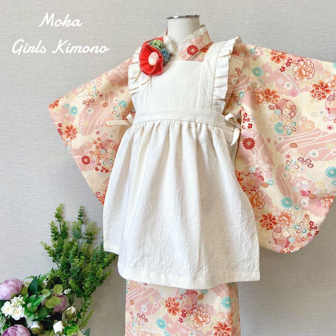 七五三 3歳 女の子 着物＆被布エプロンセット　朱色和柄×生成り ／ハンドメイド