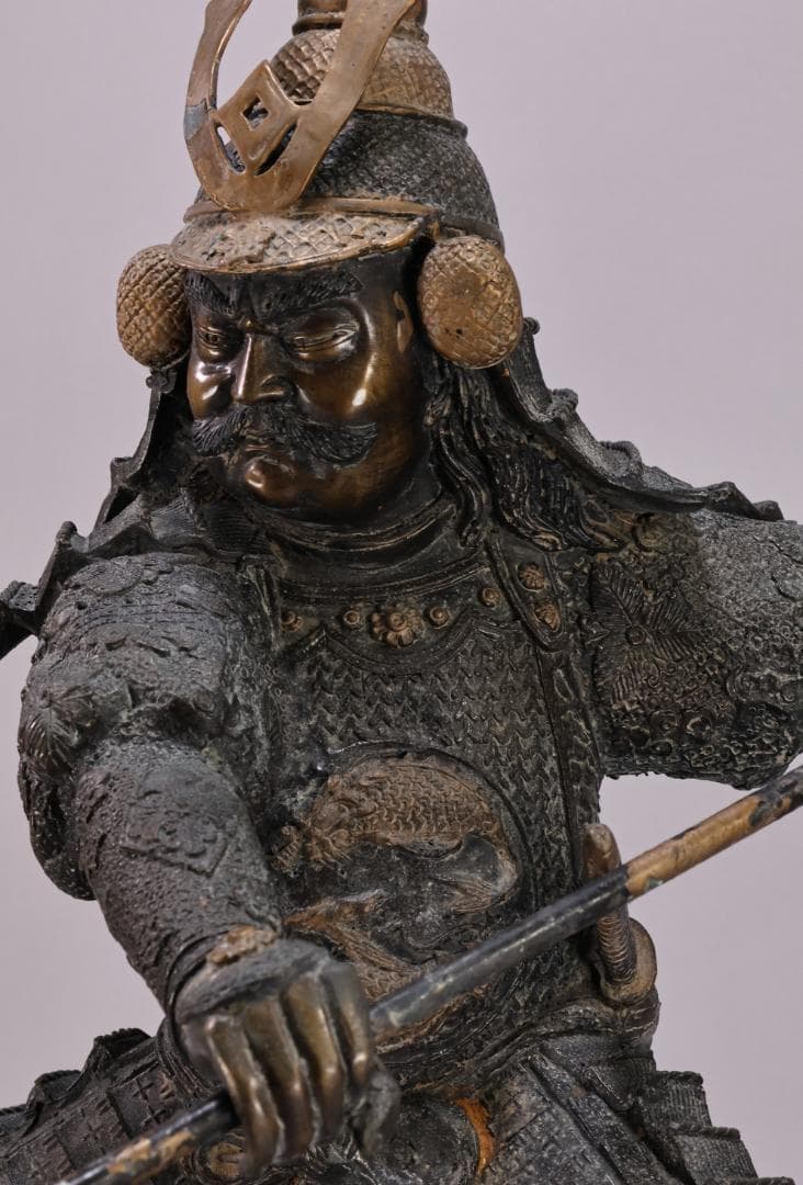 時代金工　明治期　ブロンズ像　銅製　武者　薙刀　置物　床飾　高55㎝　BK090