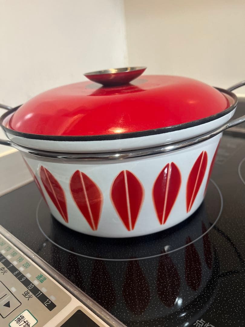 キャサリンホルム ホーロー鍋 赤と白の葉模様