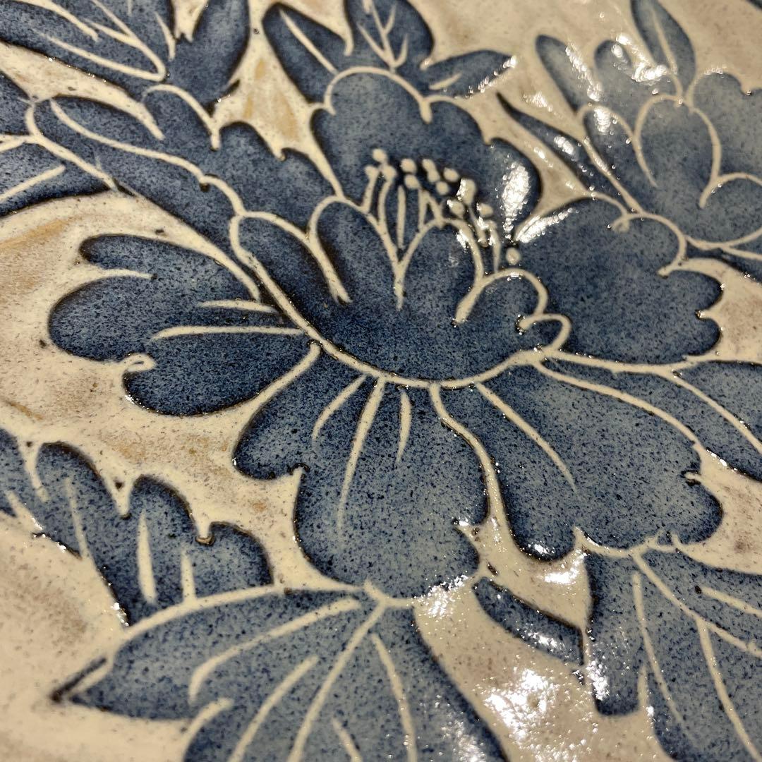 未使用品 皿 器 益子焼 牡丹 特大 大皿 直径38cm 清窯 大塚清章