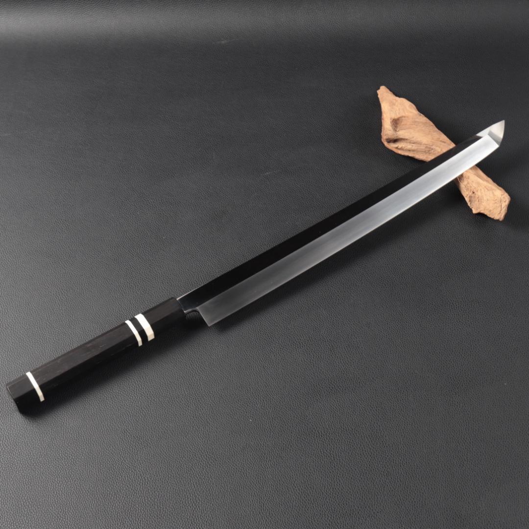 8311先丸包丁 尺一 鏡面仕上げ 刃は究極の切れ味 黒檀黒水牛角白三本巻八角柄