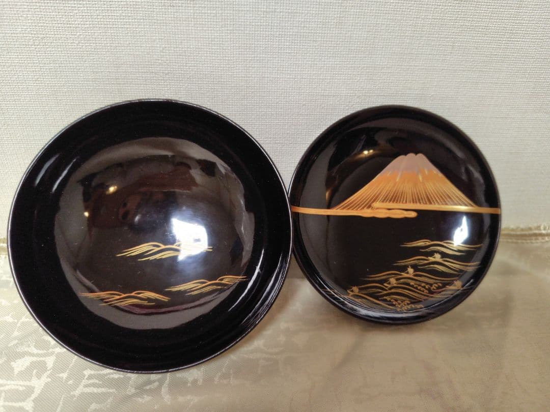 輪島塗　お椀　蒔絵富士山金波模様　吸物椀　三客　木製　当時物　時代物