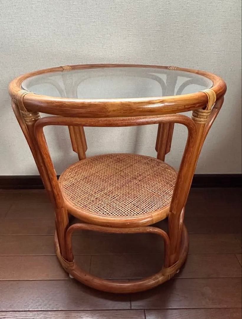 ヴィンテージ ラタン丸型ガラステーブル サイドテーブル 昭和レトロ
