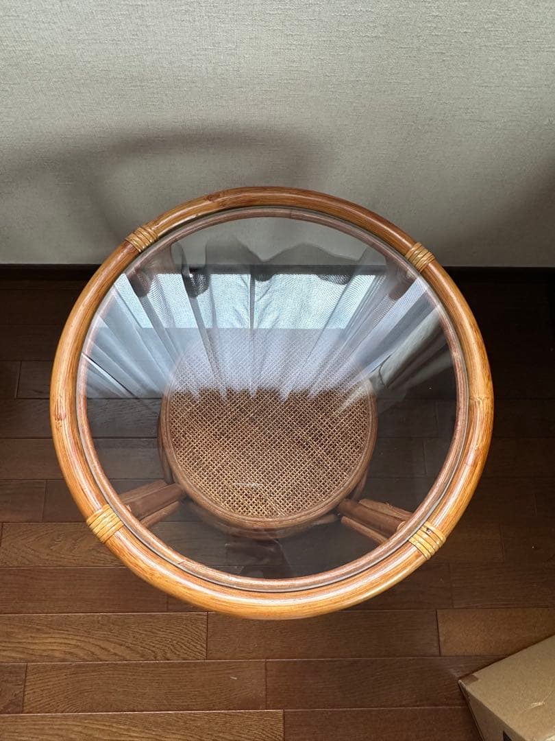 ヴィンテージ ラタン丸型ガラステーブル サイドテーブル 昭和レトロ