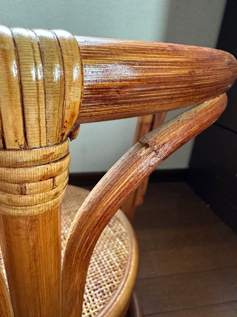 ヴィンテージ ラタン丸型ガラステーブル サイドテーブル 昭和レトロ