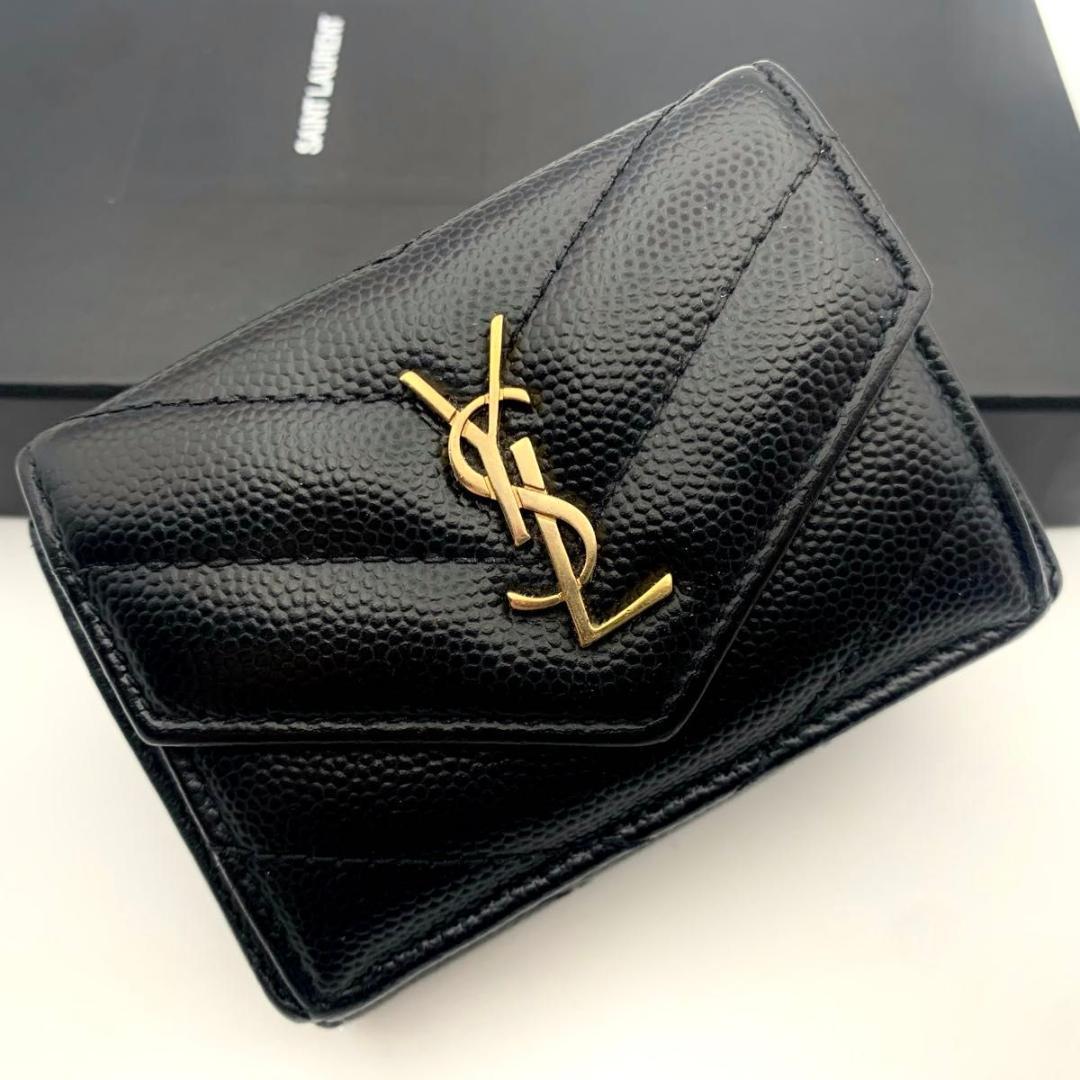 鑑定済み サンローラン 財布 カサンドラ マトラッセ YSL コンパクト 革 黒