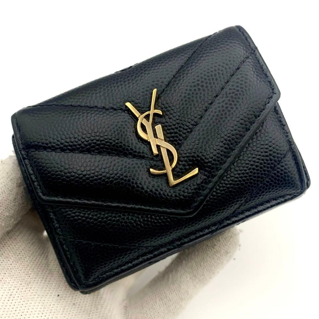 鑑定済み サンローラン 財布 カサンドラ マトラッセ YSL コンパクト 革 黒