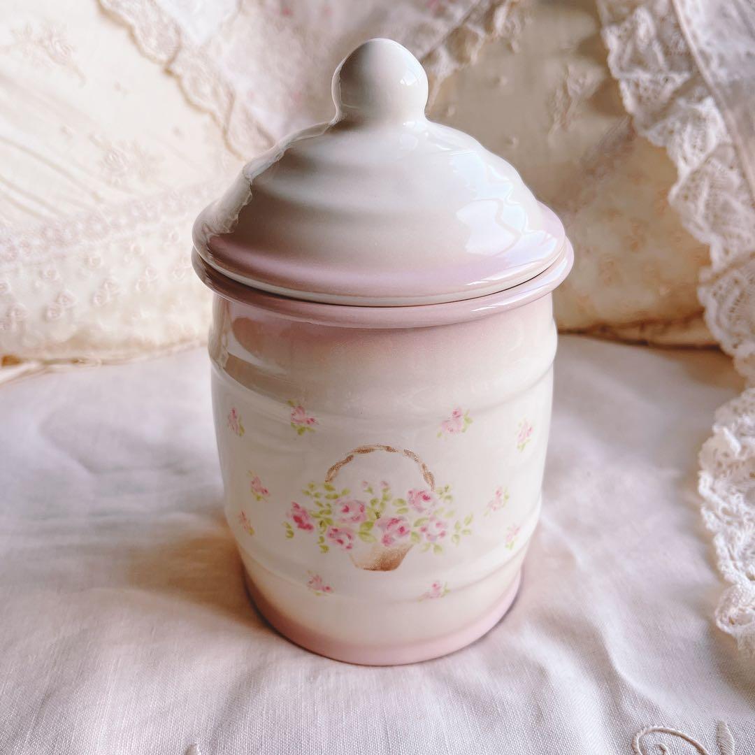 お値下げ♡イマン♡ローズバスケットホーローキャニスターマニーローズアンティーク