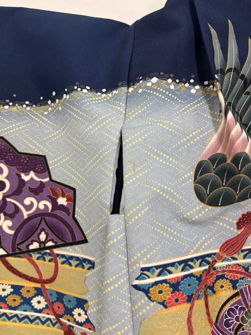 七五三　5歳男の子　着物・袴セット　明るい紺色　ブルーグレー　鷹　鼓