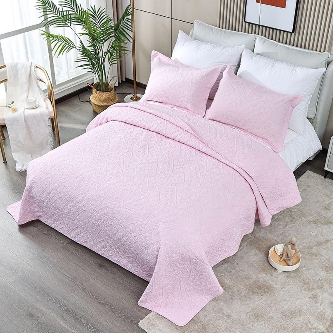 キルトベッドカバー3点セット綿マルチカバー キルティング 164ピンク