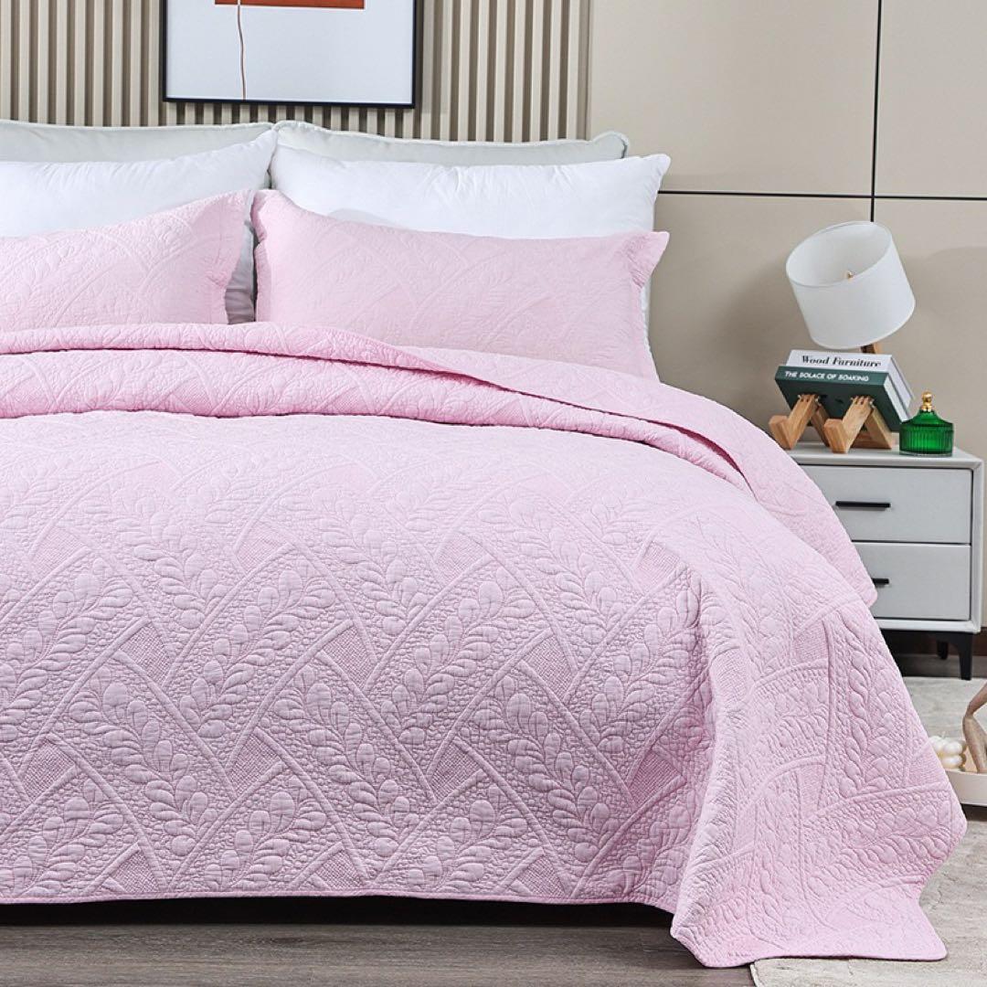 キルトベッドカバー3点セット綿マルチカバー キルティング 164ピンク