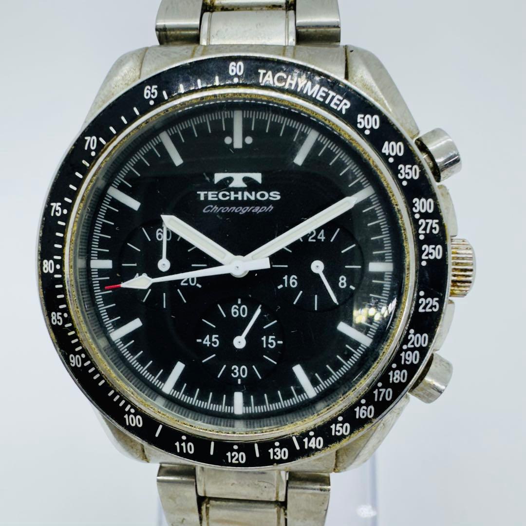 ✨TECHNOS✨テクノス✨クロノグラフ✨クォーツ✨ブラック文字盤✨腕時計✨