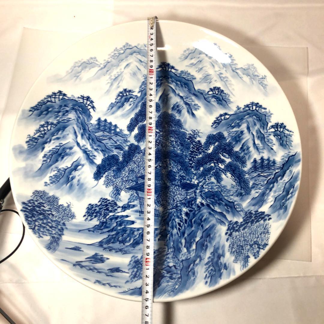 有田焼　特大皿　緒方松右衛門 染付け 山水図 手書き 45.5cm　レトロ品