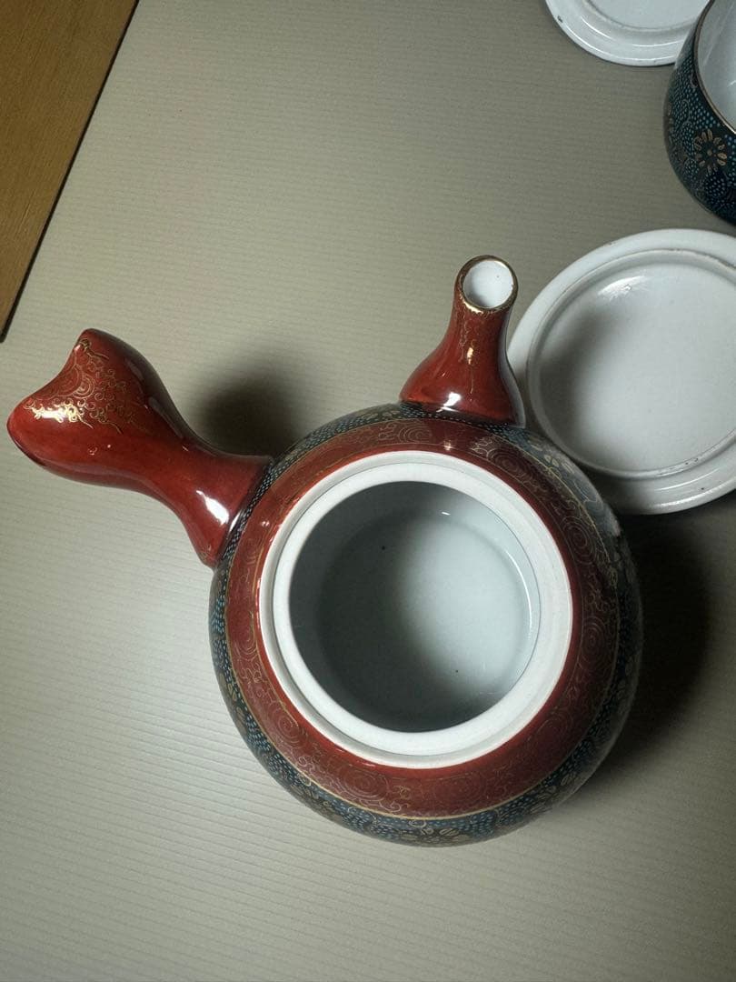 2086 九谷焼　青粒　茶器セット　急須1客　湯呑蓋付5客　金彩