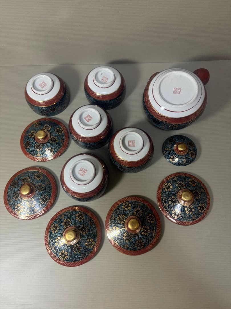 2086 九谷焼　青粒　茶器セット　急須1客　湯呑蓋付5客　金彩