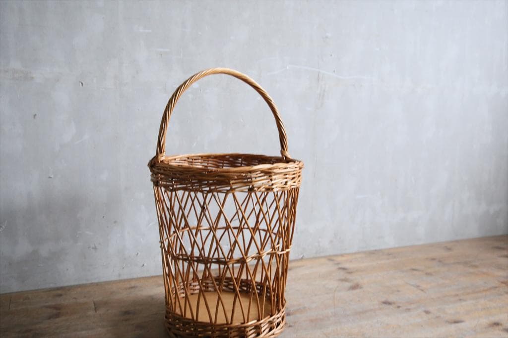 英国アンティークラタン製バスケット/アラログ/カゴバッグ/籐籠ゴミ箱80-130