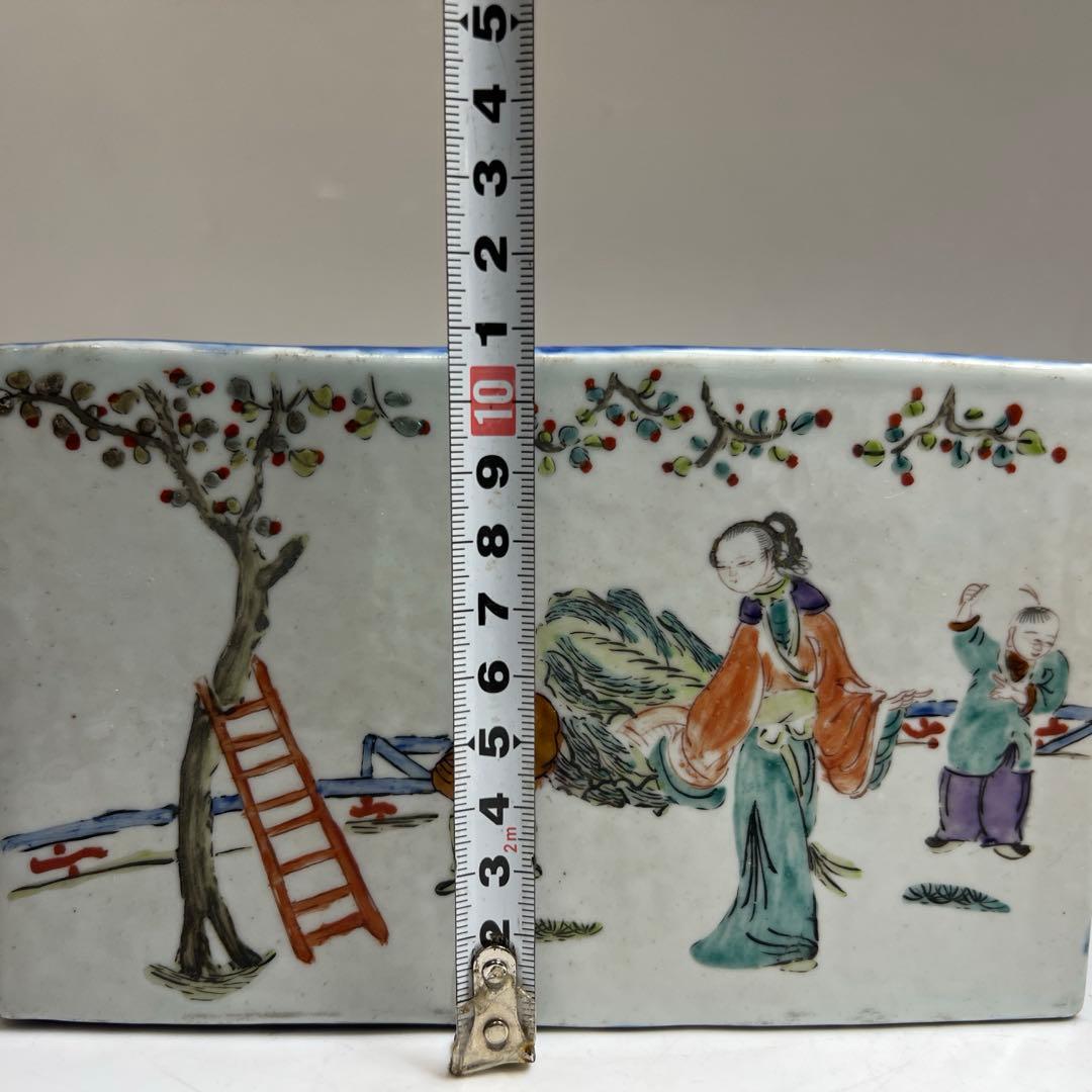 中国清時代　新渡粉彩　陶枕　幅18㎝　東な7-1221☆2F