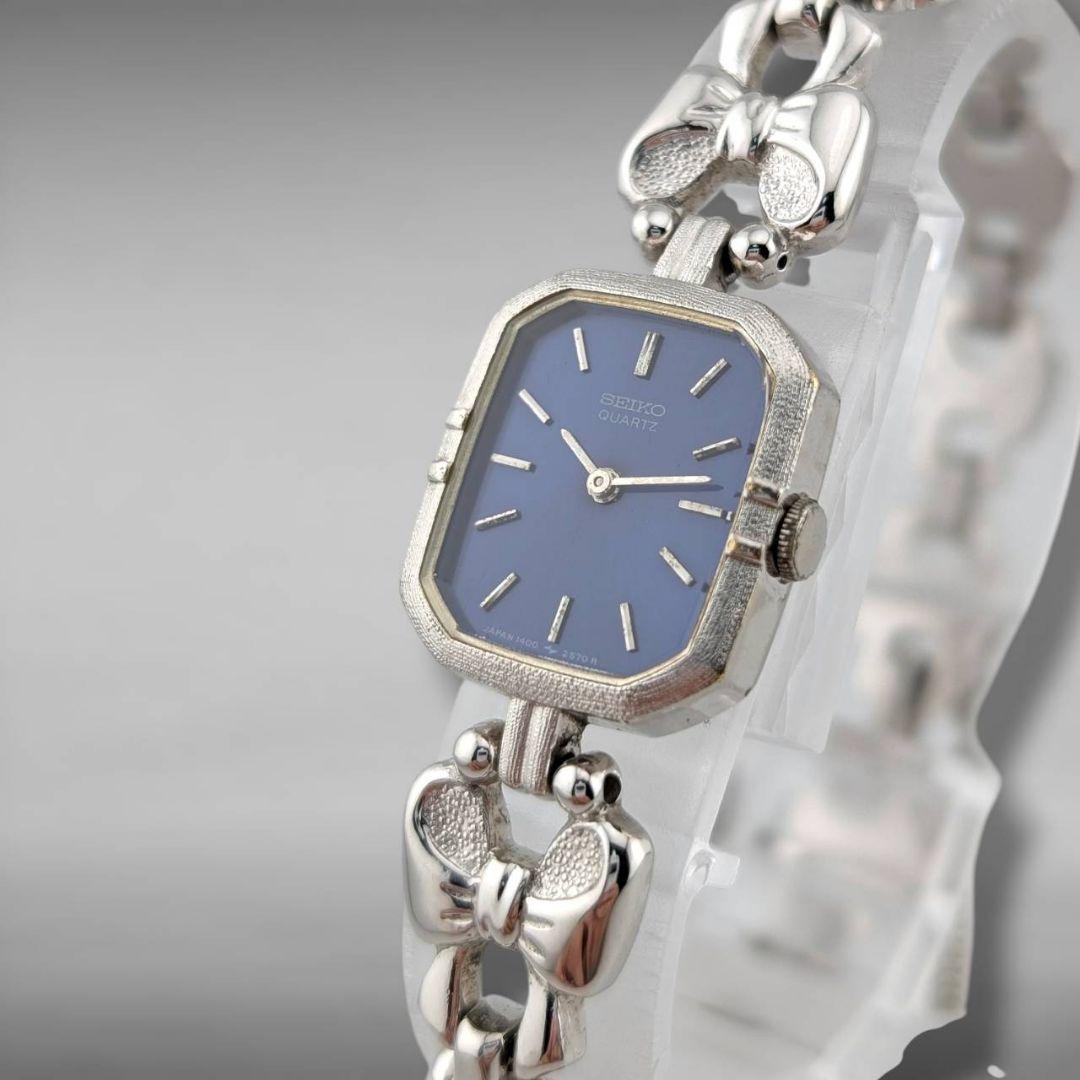 【新品電池・稼働】セイコー レクタンギュラー ブルー文字盤 リボン型ベルト