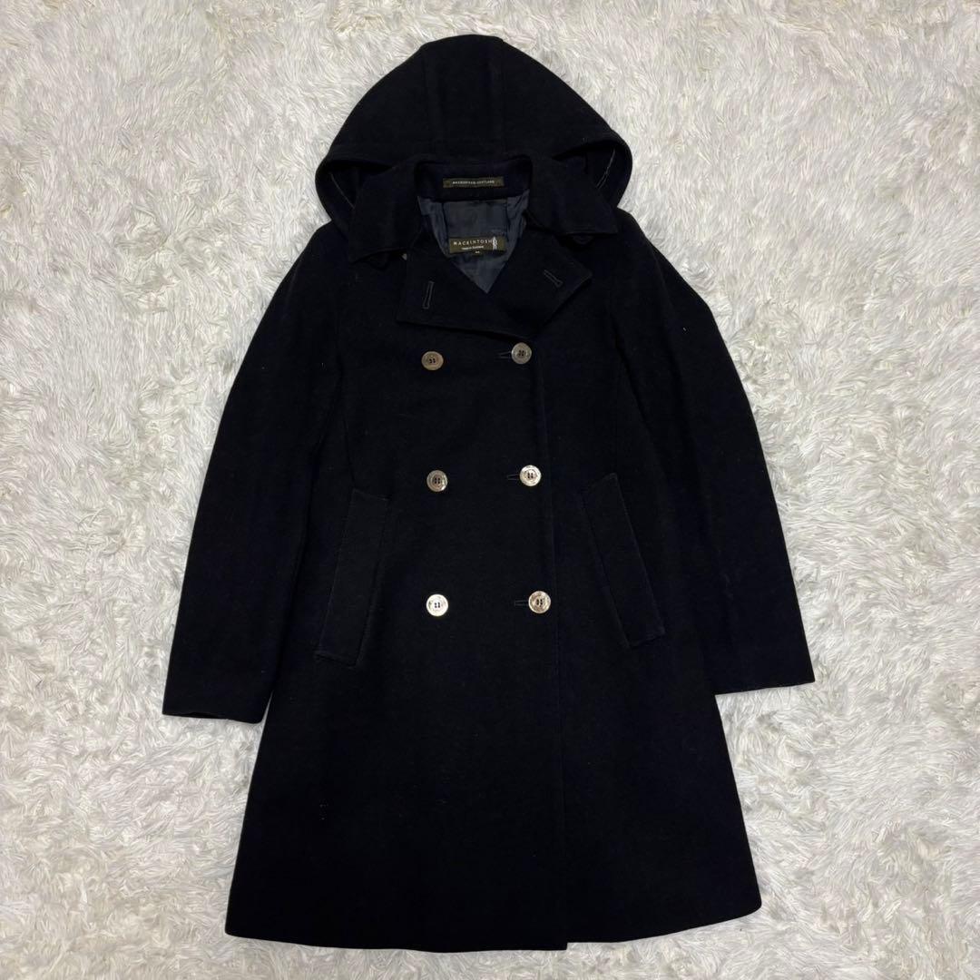 【マッキントッシュ】2way ステンカラーコート フード チェック ウール 黒