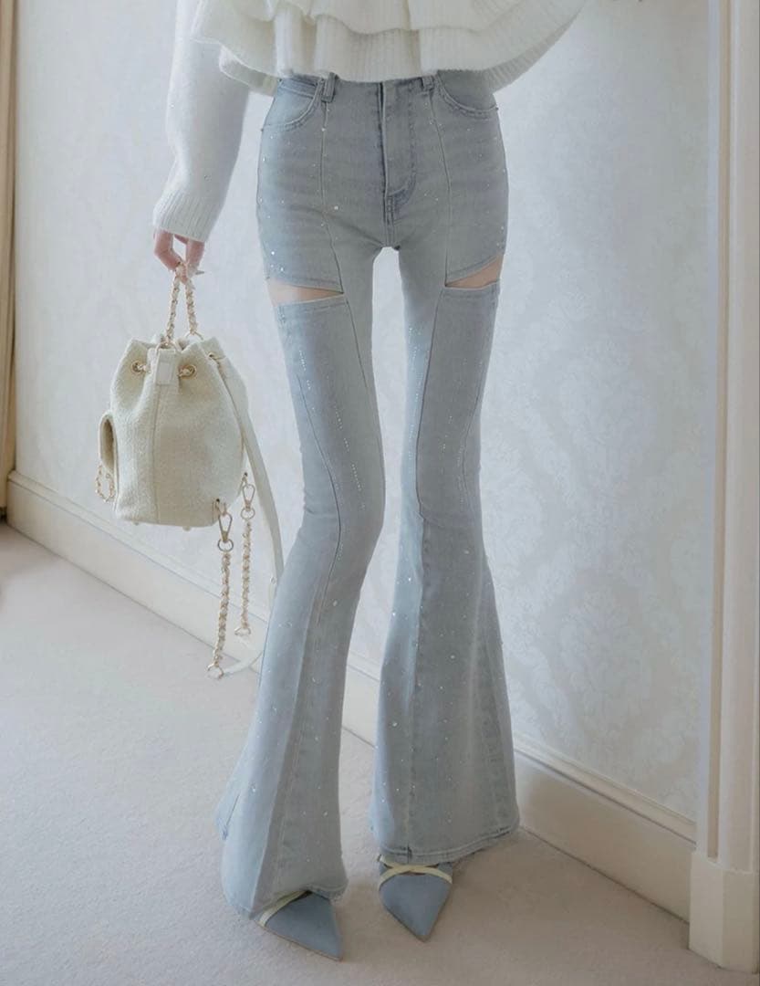 ドロップビジューフレアデニムパンツ I-BLU