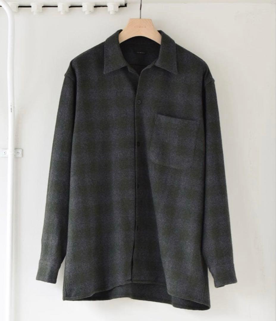 20AW COMOLI ウールカシミヤ チェックオープンカラーシャツ グリーン