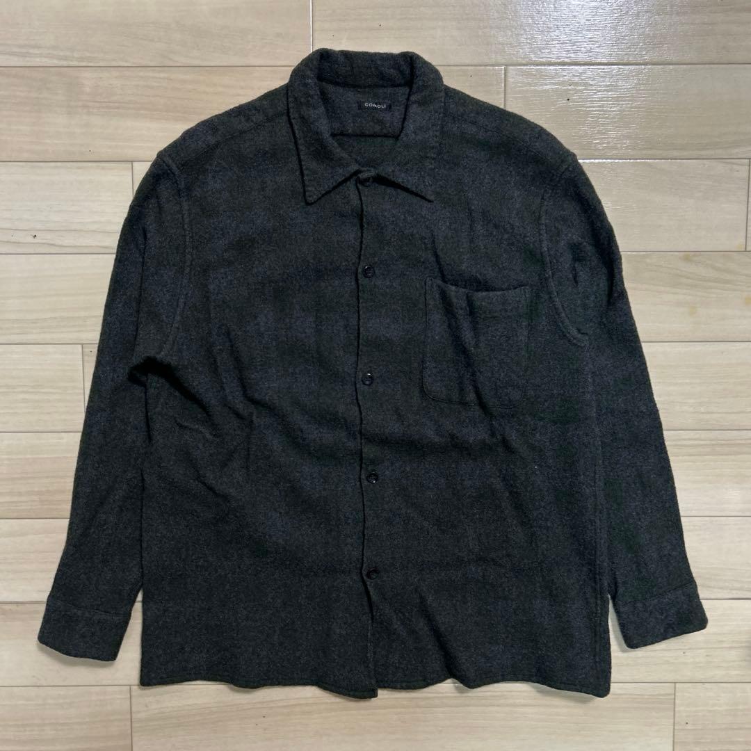 20AW COMOLI ウールカシミヤ チェックオープンカラーシャツ グリーン