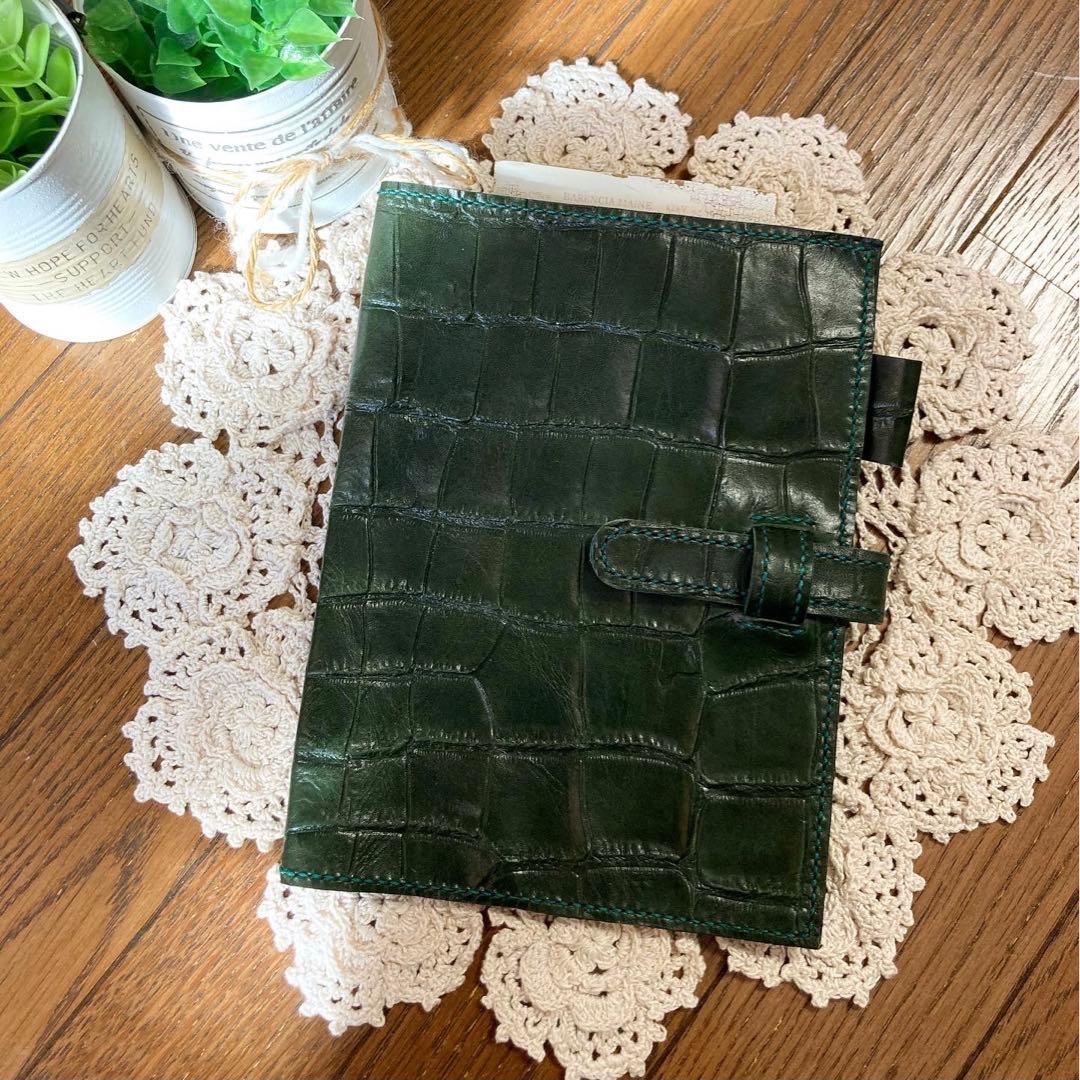 ご確認用　A5手帳カバー　牛革クロコ型押し　ダークグリーン　本革　カズン　深緑