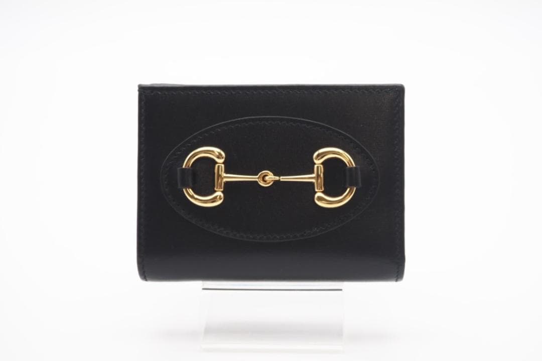 GUCCI 二つ折り財布 ホースビット レザー コンパクトウォレット ブラック